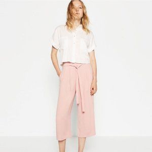 Zara Basic Soft Pink Culottes Cropped Pants with Tie Waist Size M